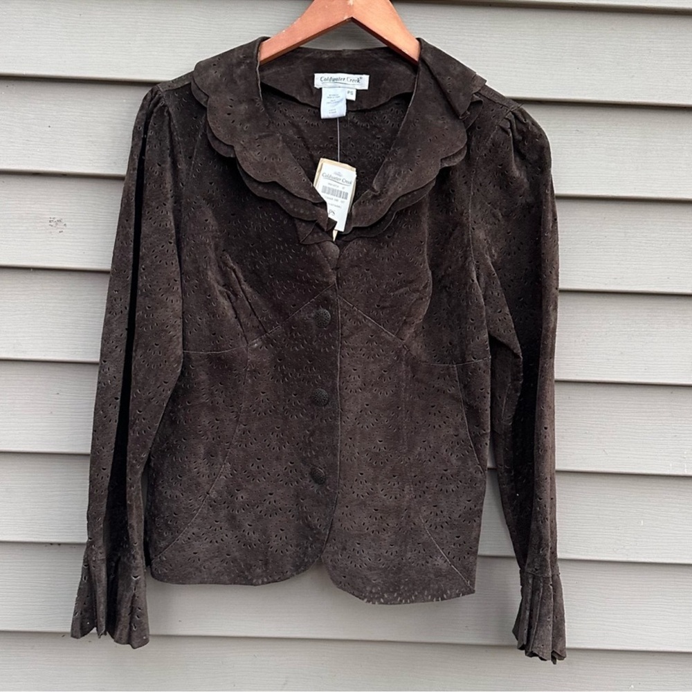 Y2K Brown Leather Jacket Ruffles Eyelet PS Women’s Vintage